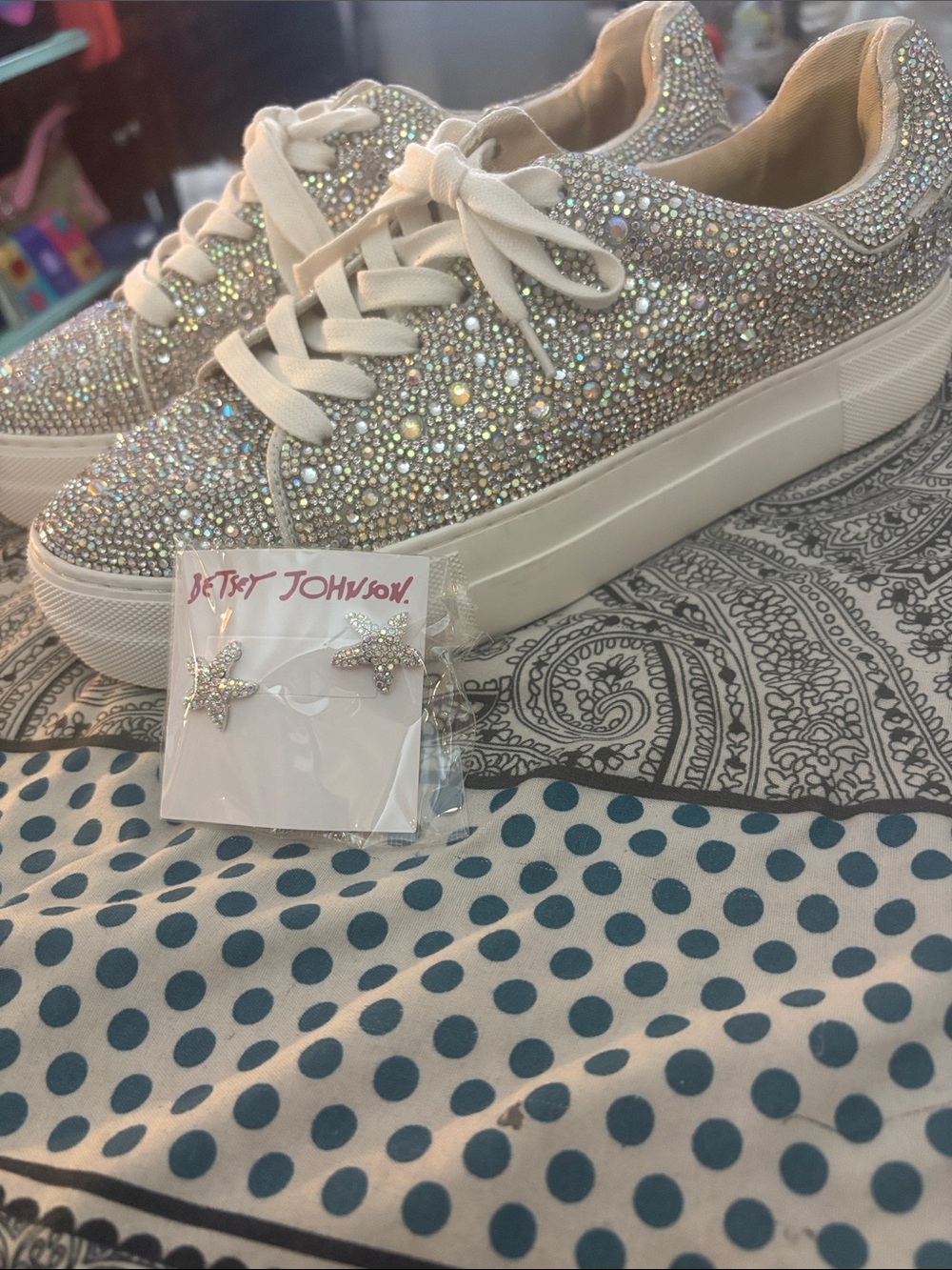 Betsey Johnson Sidny Lace-Up Rhinestone Platform Sneakers w/ matching earrings